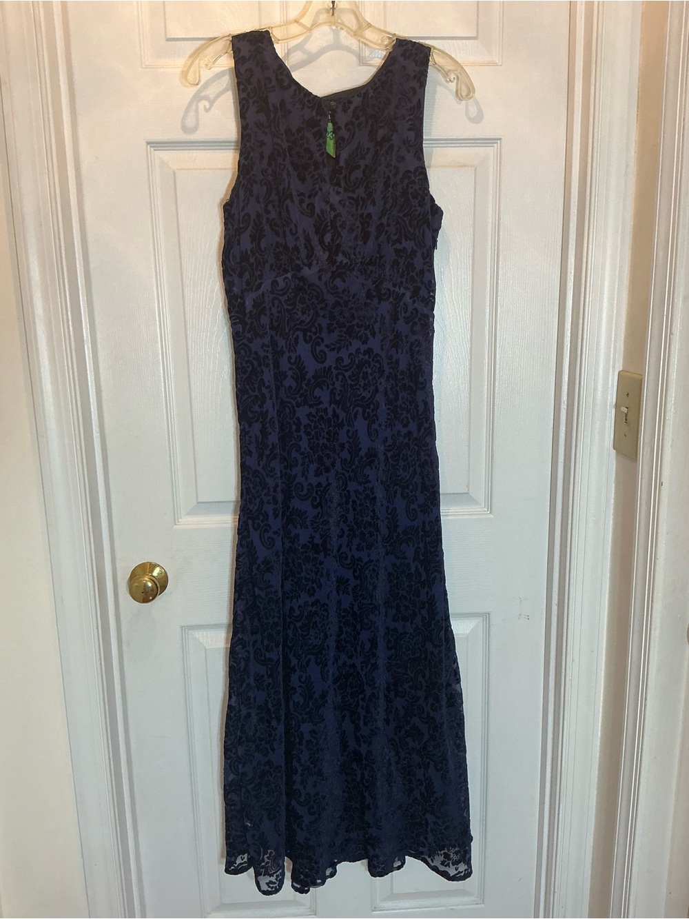 Vintage Carole Little Navy Blue Velvet Flocked Maxi Dress Size 10 USA Made